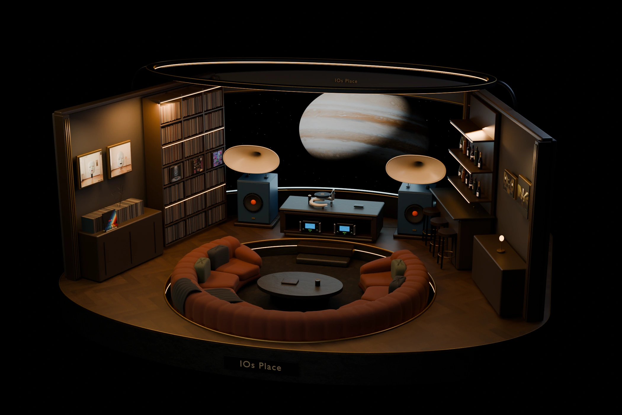 IOs Place listening lounge with ivory horn speakers, an amber halo, a sunken sofa and Jupiter beyond the window